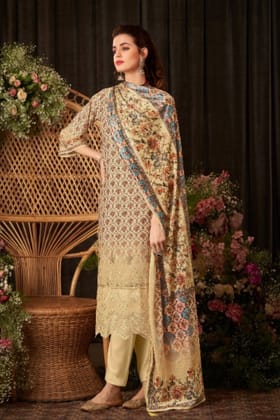 Beige Colour Printed Woolen Unstitched Suit Fabric With Stole