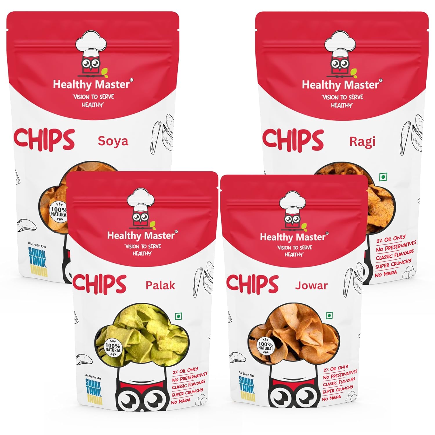 Healthy Master Vision To Serve Healthy Baked Chips (Soya, Ragi, Palak, Jower), 100 gm Each - Pack of 4