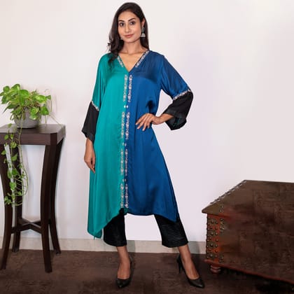 Half & half Modal silk asymmetric kurta set with dori work embroidery-XS