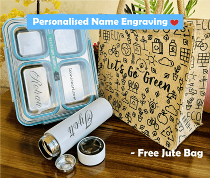 Dining Buffet Bento Box - 100% leak Proof and Be Motivated Water Bottle - 500ml with Free Jute Bag (Combo)-Without Personalised Name Engraving / Blue with White