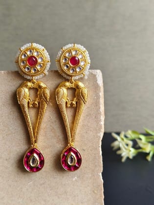 Golden Kundan Peacock Dangler Earrings with Vibrant Kundan Stones | Sarichka-Red