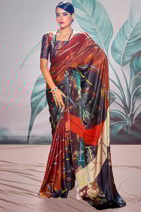 Red and Black Printed Satin Silk Saree