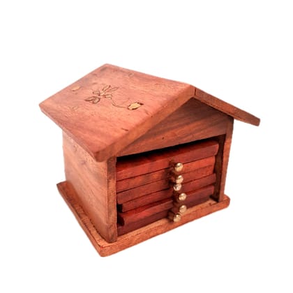 Tea Coasters Set - Hut Design | Wooden Coaster Mats | Drink Coasters Set With Stand - For Coffee Table, Center Table, Kitchen, Bar, Hot Pots, Cups, Mugs - 4 Inch