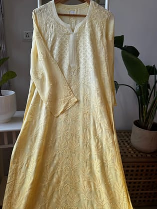 Muslin Chikankari Kurti - Canary Yellow Ombre-Yellow / Muslin / L