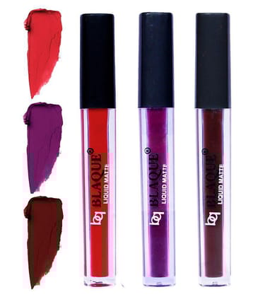 bq BLAQUE Matte Liquid Lipstick Combo of 3 Lip Color 4ml each, Waterproof - Orangish Red, Purple Affair, Chocolate Mood