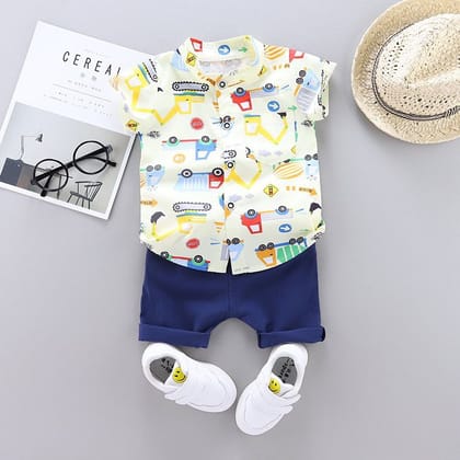 Baby boys Half Sleeves T-Shirt & Shorts Set car Print - Navy Blue & white-18-24 MONTH