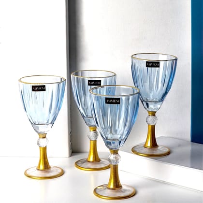 Impressionist Gold Stemmed Wine Glass Marine Blue Set of 4