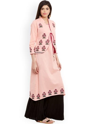 Women Pink A-Line Block Print Kurta with Jacket