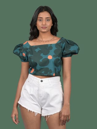 Party wear crop top for western wear party wear daily wear and party wear Dark Green Crop Top With Puff Sleeves (OTL-TPS10102)-Green / S