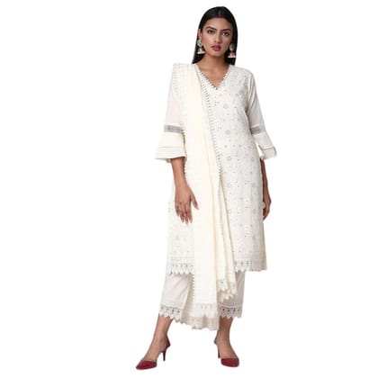 Cotton Chikankari Work Kurti Pant With Dupatta For Women-38" Inch / White