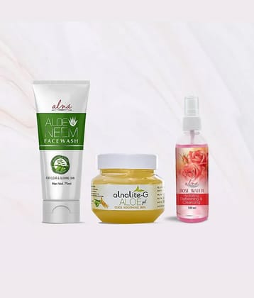 Alna Aloe Neem Face Wash 75ml with Alnalite-G Aloe Gel 100gm & Rose Water 100ml , Pack of 3