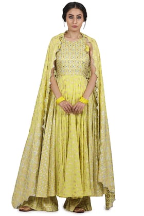 Hand Embroidered Electric Yellow Anarkali Set-S / Yellow