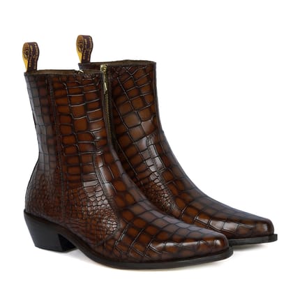 Cowboy Style Deep Cut Croco Tan Smokey Finish Cuban Heel Leather Chelsea Boots By Brune & Bareskin-40/6