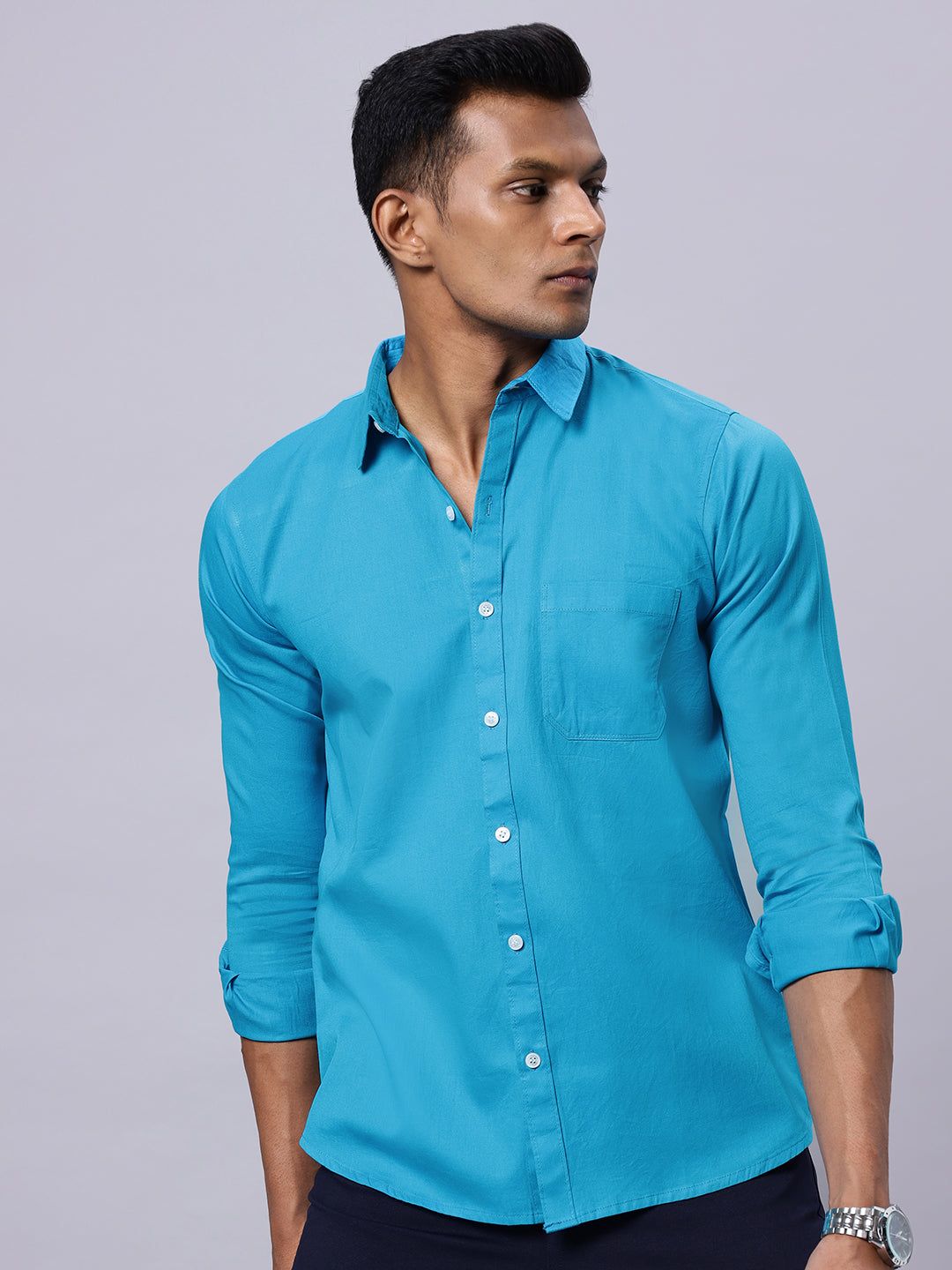 Men Blue Solid Slim Fit Cotton Shirt-S