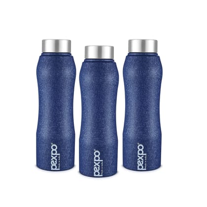 PEXPO Stainless Steel Fridge Water Bottle, 1000 ml, Pack Of 3 Blue, Bistro | Leak-Proof & Easy to Grip Water Bottle