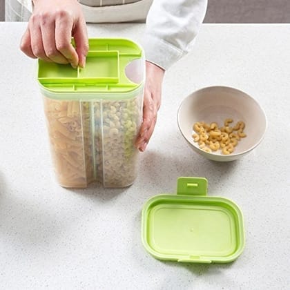 2146 Plastic 2 Sections Air Tight Transparent Food Grain Cereal Storage Container, 2 L (With Box)