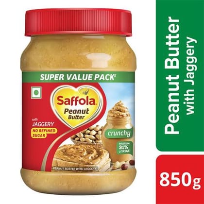 Saffola Peanut Butter With Jaggery, Crunchy - No Refined Sugar, 850 g Jar