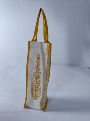 Handcrafted Block Printed Bottle Bag  Eco Friendly Reusable Wine Tote Perfect for Gifting and Storage-Yellow-Onesize