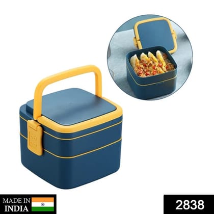 2838 Blue Double-Layer Portable Lunch Box Stackable with Carrying Handle and Spoon Lunch Box