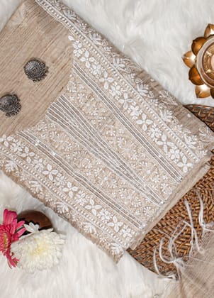 The Chikankari Story Unstitched Khadi Silk Chikankari Suit with Bakhia Hand Embroidery, Sequin, Moti, and Traditional Ghas Patti Work.-Free Size