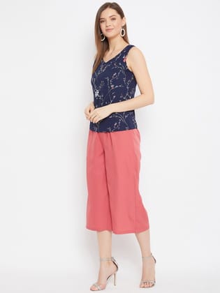 Women Navy Blue & Coral Printed Top with Culottes