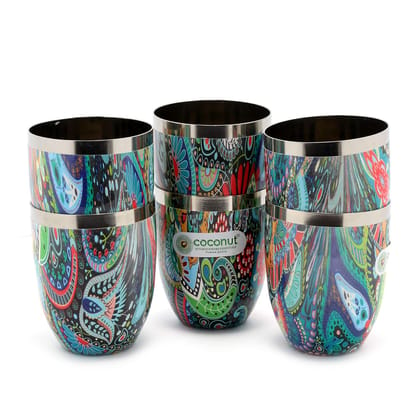 coconut Stainless Steel Printed Designer Multi Color Water Glass/Tumbler - Capacity -300ML -Pack of 6 Glasses