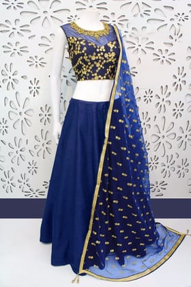 Navy Blue Colored Party Wear Embroidered Banglori Silk Lehenga