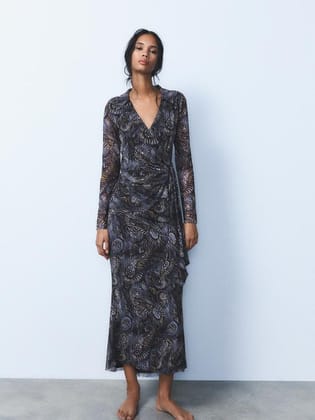 Vintage Print Wrap Top & Skirt Coord Set-Black / S