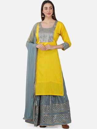 Yoke Design Pure Cotton Gotta Patti Kurta with Sharara & Dupatta