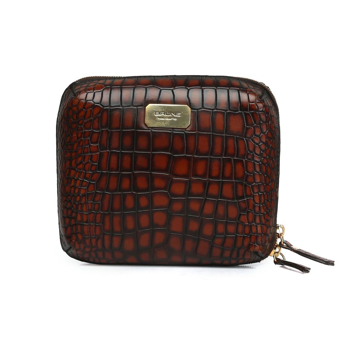 Smokey Tan Finish Deep Cut Croco Leather Travel Tech Pouch by Brune & Bareskin-FS