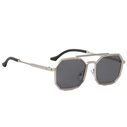 Dervin UV Protected Full Rim Hexagonal Sunglasses for Men, Polygon Metal Frame Sunglasses-Grey