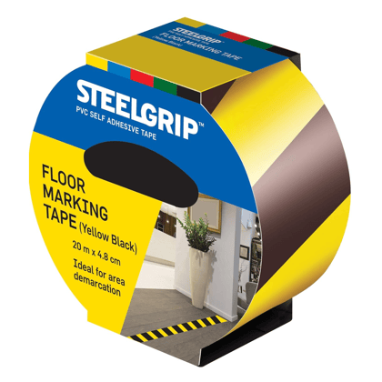Pidilite Steelgrip Floor Marking Tape (48mm X 20 meters) | High visibility, Waterproof and Durable | Easy to Tear Adhesive Tape (Yellow Black)
