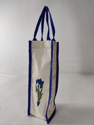 Handcrafted Block Printed Bottle Bag  Eco Friendly Reusable Wine Tote Perfect for Gifting and Storage-Blue-Onesize