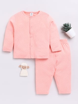 Peach Polka Dots Full Sleeve Night Suit-3-6 m