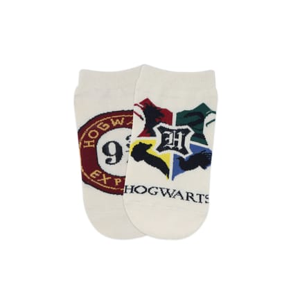 Balenzia x Harry Potter Hogwarts Crest & Hogwarts Express lowcut Socks for Women (Pack of 2 Pairs/1U)- Cream-Stretchable from 19 cm to 30 cm / 2 N