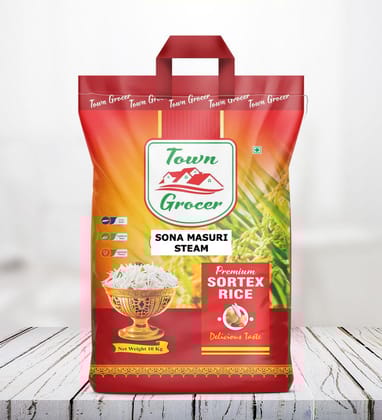 Town Grocer  Sona Masuri Steamed Rice, 10Kg, (6 Months Old)