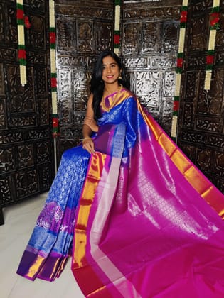 Pure Soft Silk Saree Blue With Pink