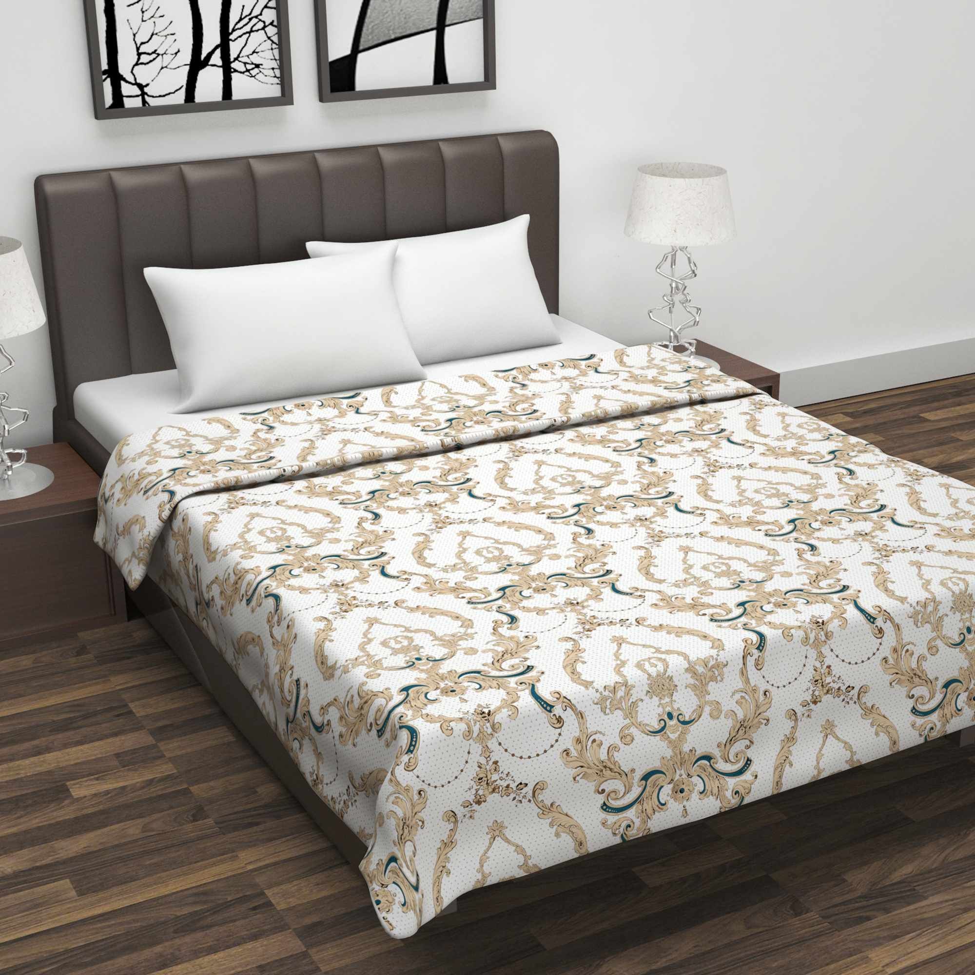 Beige and Brown 120 GSM Cotton Floral Double Bed AC Blanket Dohar for All Season-Double / Beige and Brown / MD1438