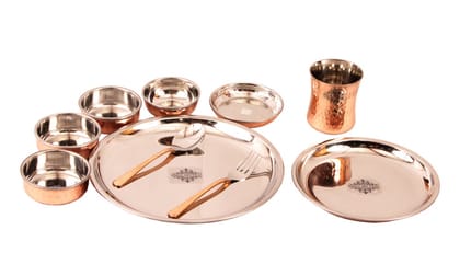 Indian Art Villa Steel Copper Hammered Design 10 Pieces Dinner Set/Thali Set of 1 Thali, 1 Small Thali, 1 Glass, 1 Spoon, 1 Fork, 1 Small Plate & 4 Bowls, Dinnerware, Tableware Or Crockery