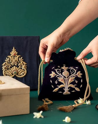 Guldasta Small Zardozi Potli on Velvet | Handcrafted Luxury Bag-Dark Blue