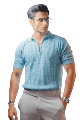 Ice blue Knitted Polo T-Shirt-L