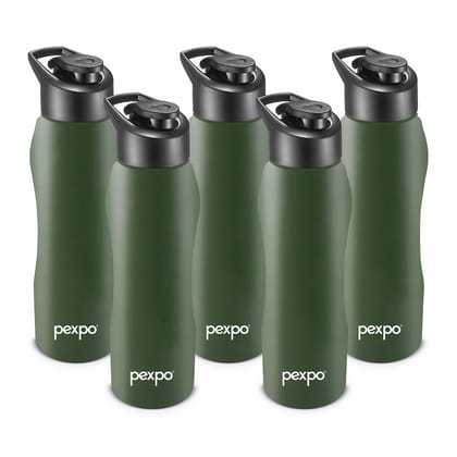 PEXPO Stainless Steel Sports/Fridge Water Bottle, 1000 ml, Pack Of 5, Military Green, Bistro | Wide Mouth & Leak-Proof Water Bottle