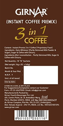 Girnar Instant Coffee Premix 3 In 1 Coffee, 10 Sachets