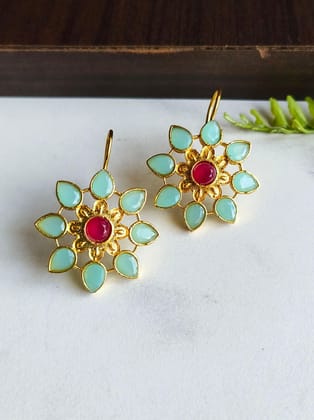 Gold Plated Flower Style with Stone Hook Earring | Sarichka-Red+Mintblue