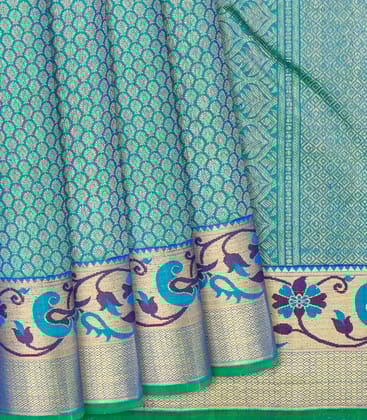 Light Blue Handloom Kanchipuram Silk Saree With Floral Motifs-Light Blue-Light Blue
