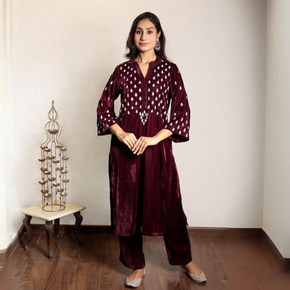 Wine embroidered velvet kurta-XS