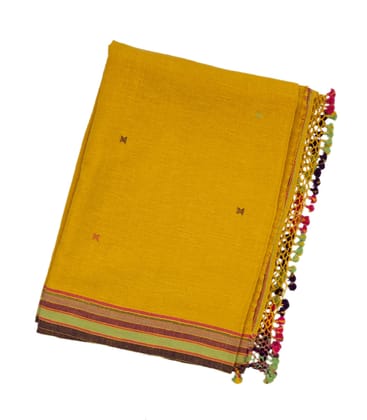 Turmeric Yellow Handloom Bhujodi Cotton Saree With Cross Buttas-Turmeric Yellow