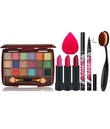 swenky eyeshadow with waterproof eyeliner lipstick beauty blender puff & oval brush (Pack of 8)