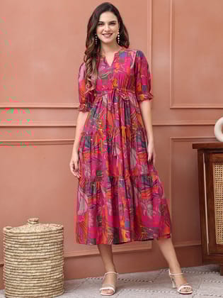 Pink Colour Floral Printed Premium Chanderi Ethnic Dress-S