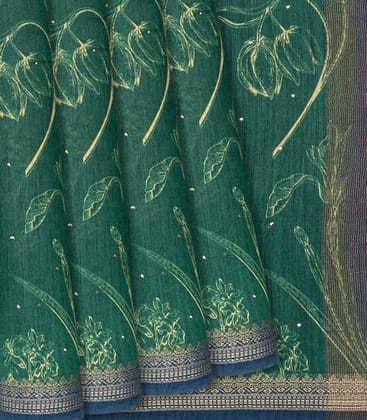 Sea Green Handloom Tussar Silk Saree With Printed Floral Motifs-Sea Green-Sea Green